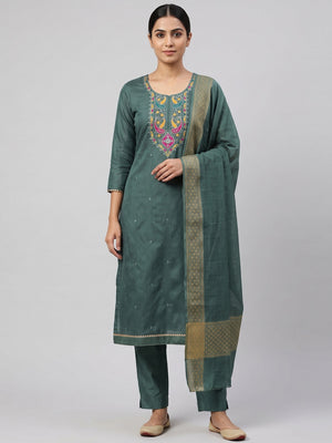 Green Floral Sequins Embroidered Cotton Silk Dress Material - Image 1