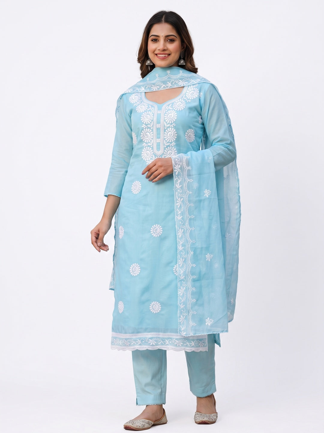 Charming Blue Floral Thread Embroidered Work Chanderi Cotton Dress Material - Image 5