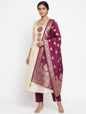 Cream & Wine Shimmer Dress Material Featuring Intricate Zari Weaving With Cording Embroidery - Image 1