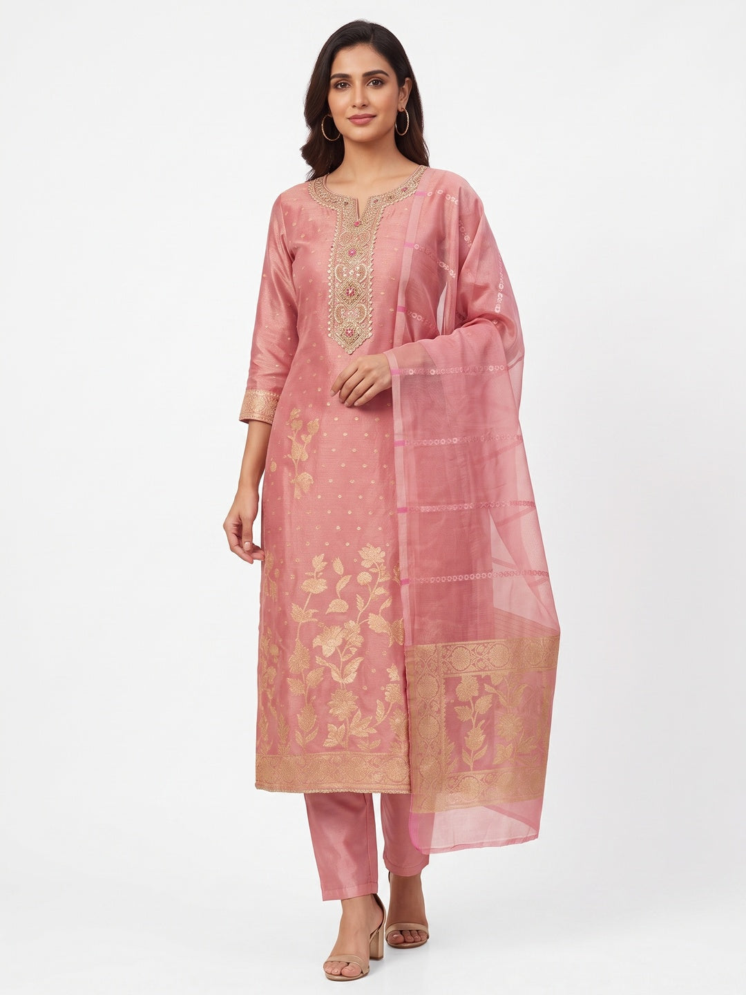 Pink Floral Woven Shimmer Dress Material Featuring Delicate Sequins Embroidery On The Neckline - Image 5