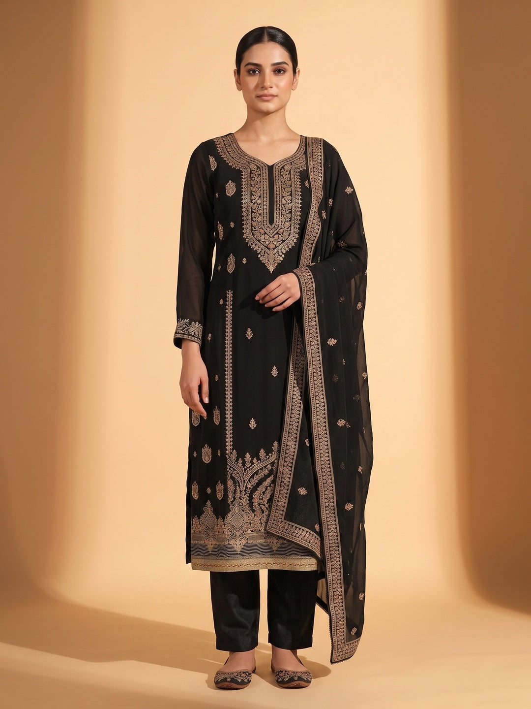 Black Floral Embroidered Georgette Dress Material - Image 4