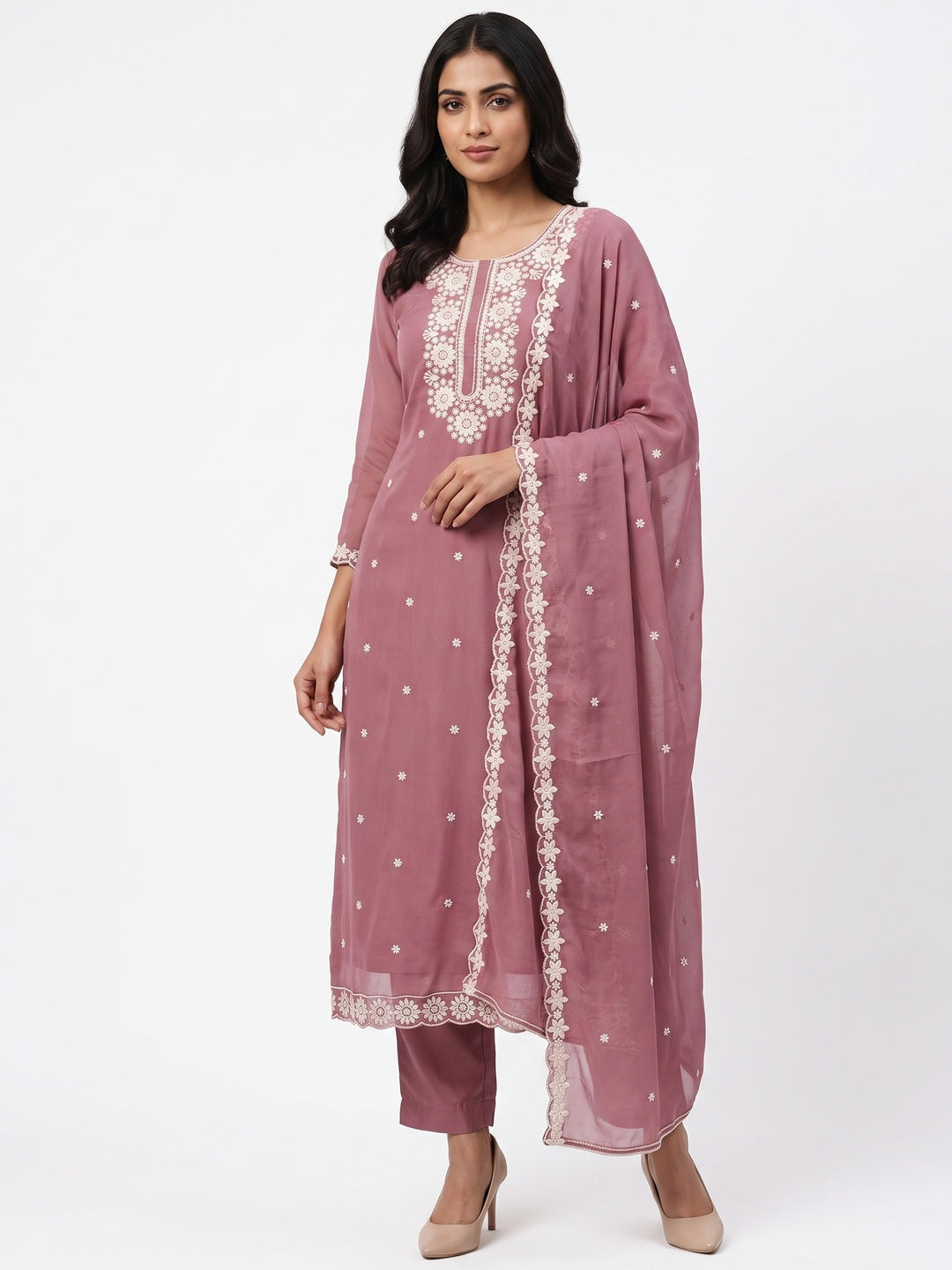 Chic Dusty Pink Floral Thread Embroidered Star Georgette Unstitched Suit Fabric - Image 1