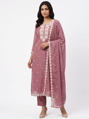 Chic Dusty Pink Floral Thread Embroidered Star Georgette Unstitched Suit Fabric - Image 1