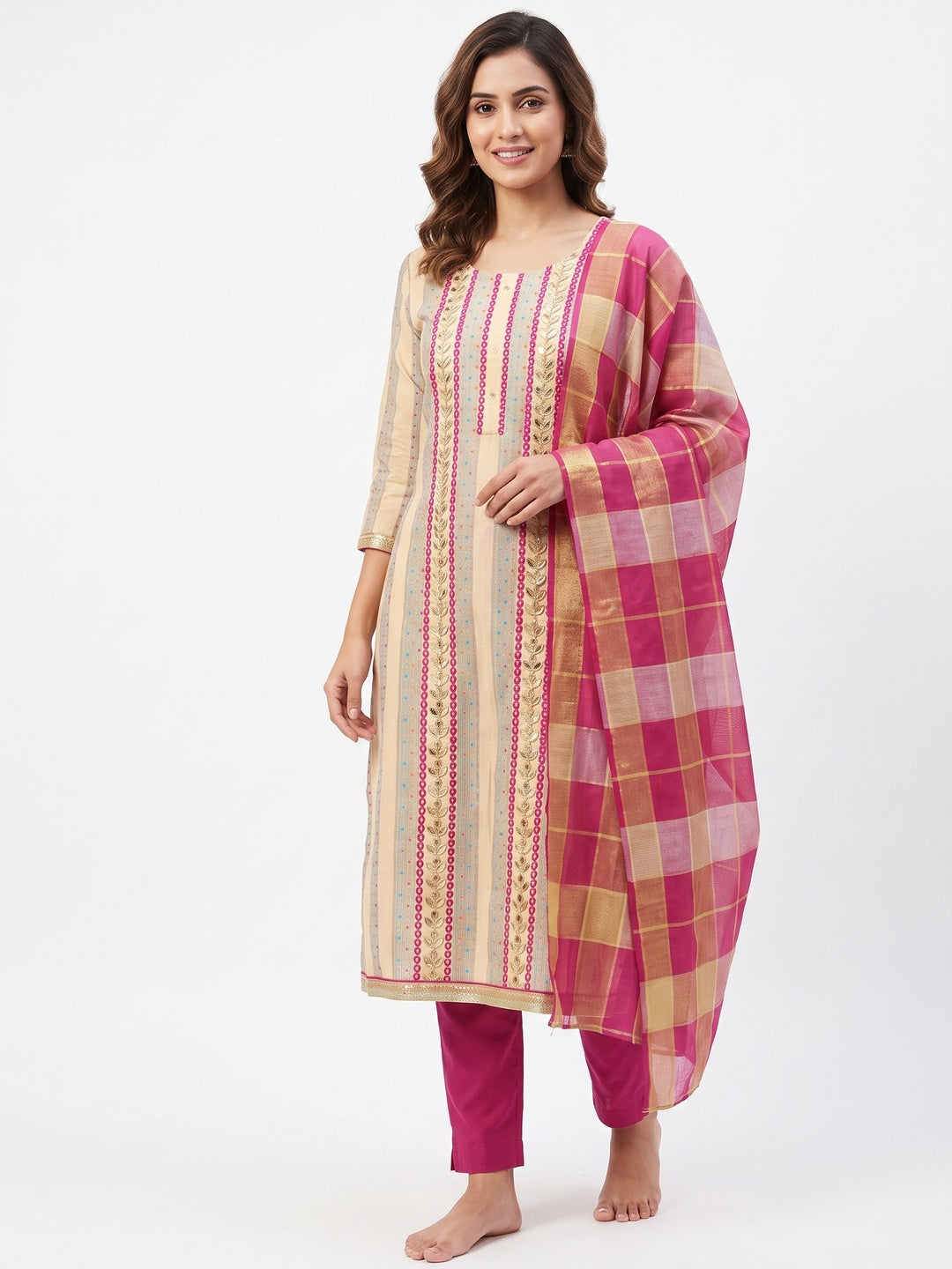 Graceful Beige Colored Casual Embroidered Cotton Dress Material - Image 1