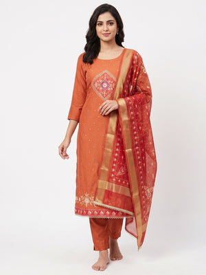 Classic Orange Rust Floral Digital Printed With Stone Work Rayon Dress Material - Image 1