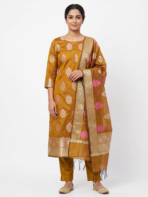 Mustard Floral Woven Banarasi Silk Dress Material - Image 1