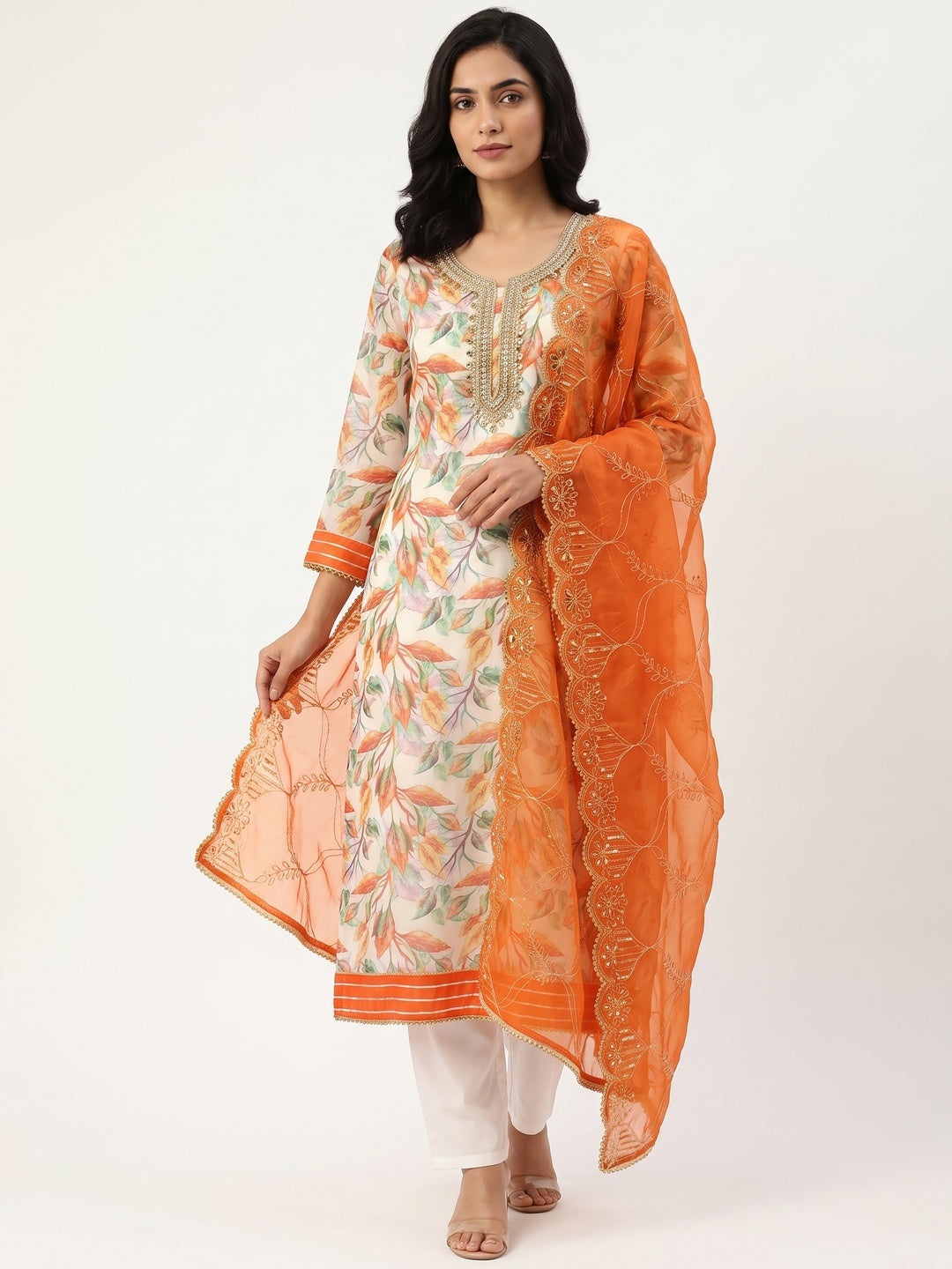 Cream & Orange Digital Printed Organza Dress Material - Image 1