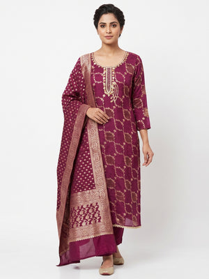 Dark Magenta Floral Weaving Banarasi Silk Dress Material Featuring Sequins & Moti Handwork - Image 1