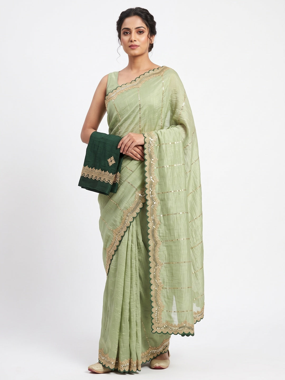 Green Sequins Embroidered Tussar silk Saree - Image 1