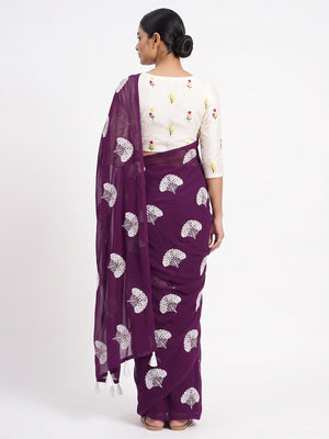 Dark Purple Thread Embroidered Georgette Saree With Tassels - Image 2