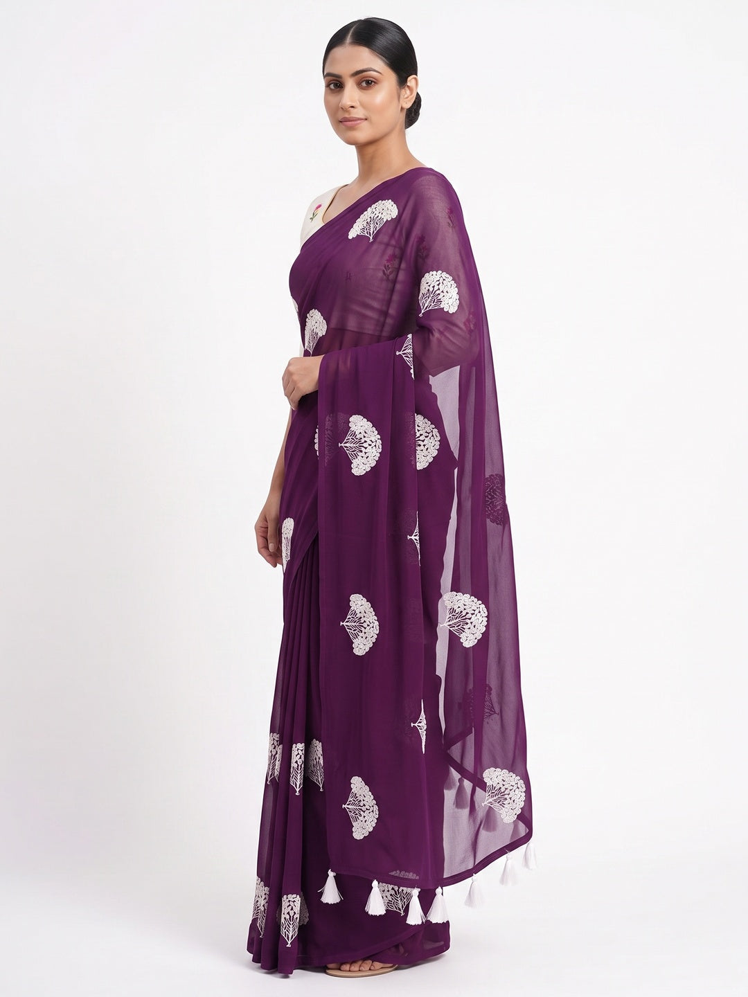 Dark Purple Thread Embroidered Georgette Saree With Tassels - Image 3