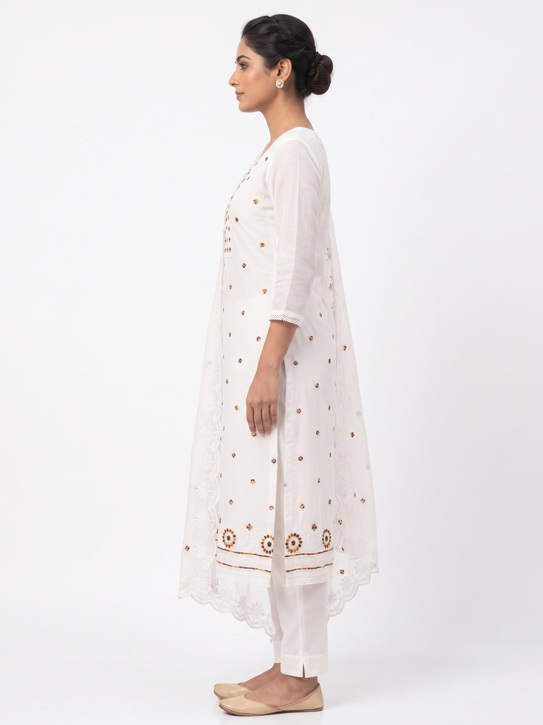 White Embroidered Cotton Blend Suit Fabric with Soft Floral Detailing - Image 3