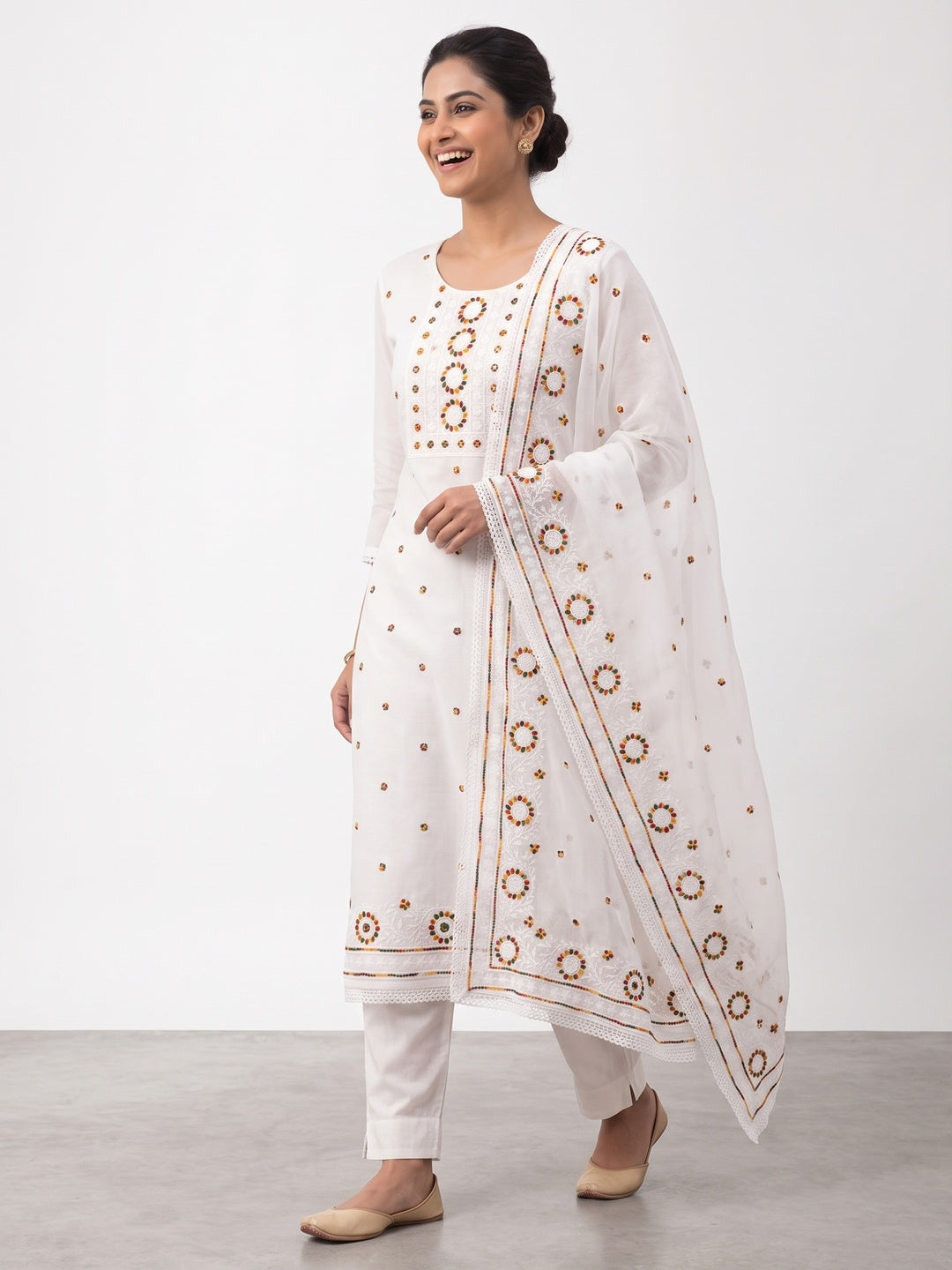 White Embroidered Cotton Blend Suit Fabric with Soft Floral Detailing - Image 4