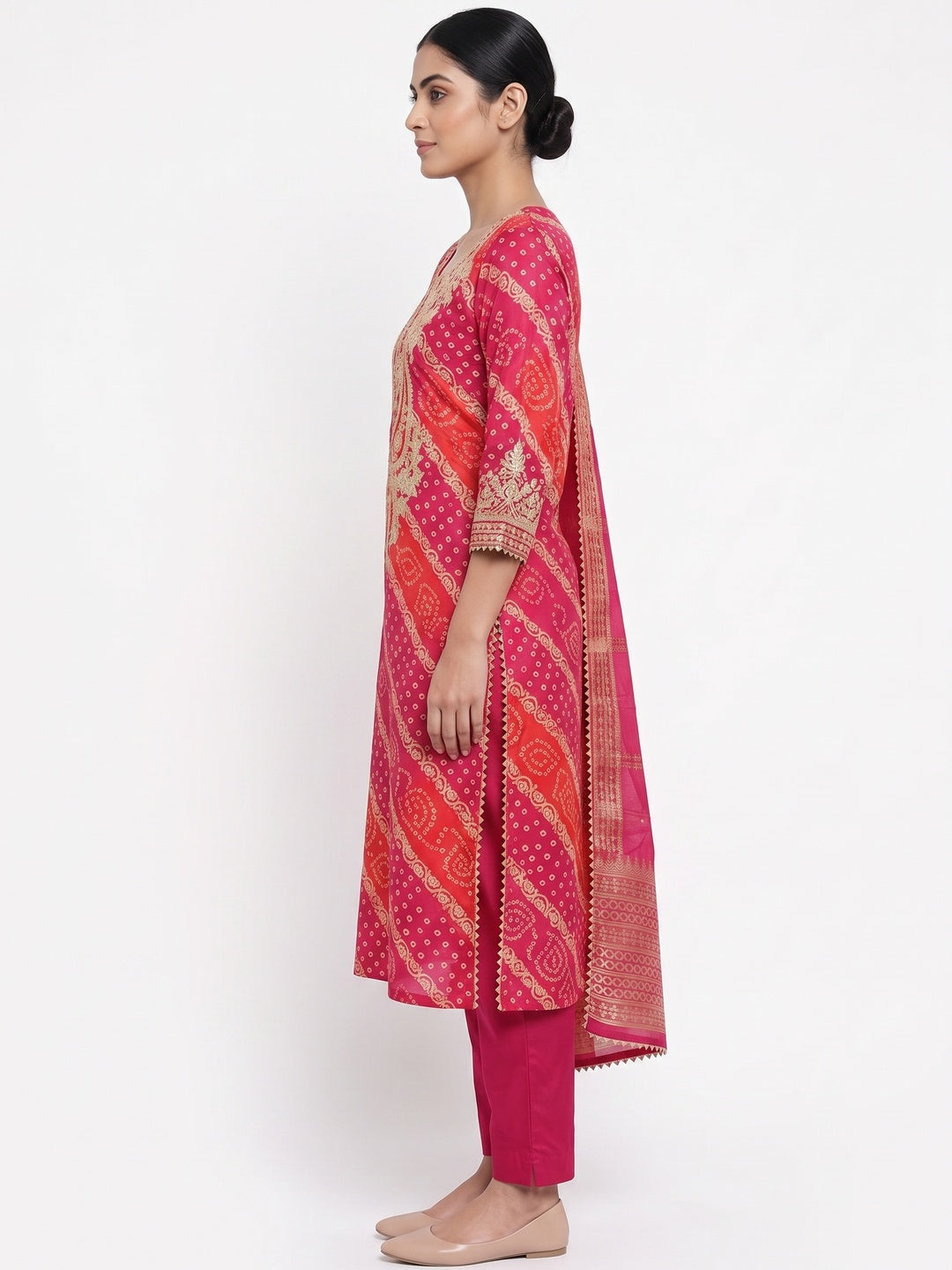 Rani Pink Bandhani Printed With Cording Sequins Emboridery Chanderi Silk Dress Material - Image 3