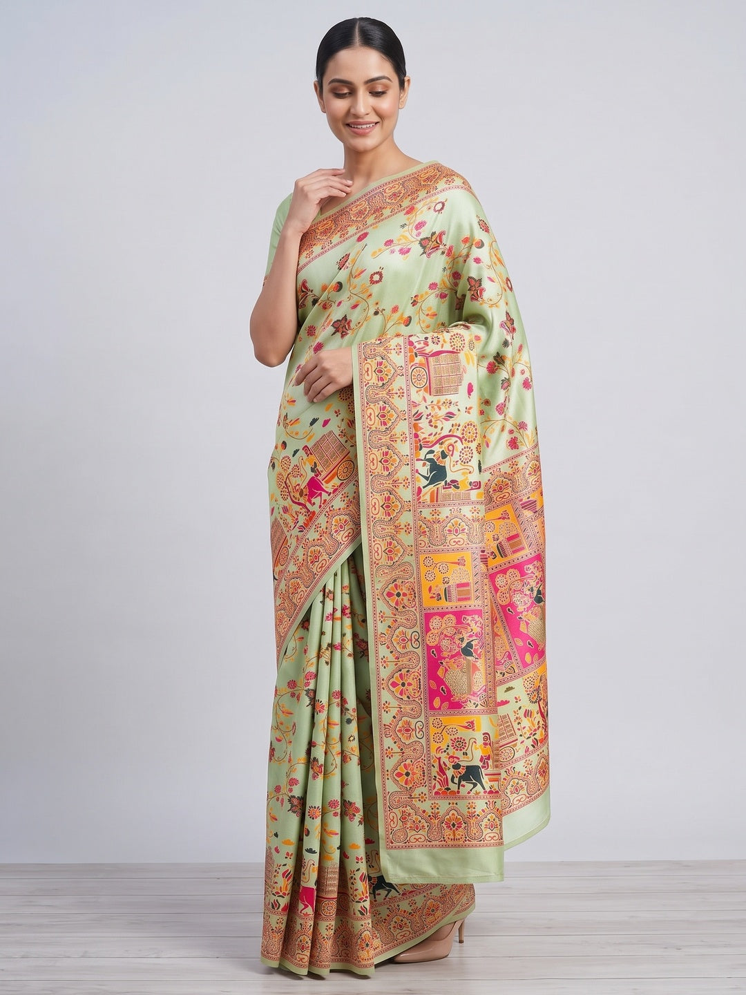 Royal Pista Green Pashmina Silk Saree with Rajwadi Zari Weaving - Image 4