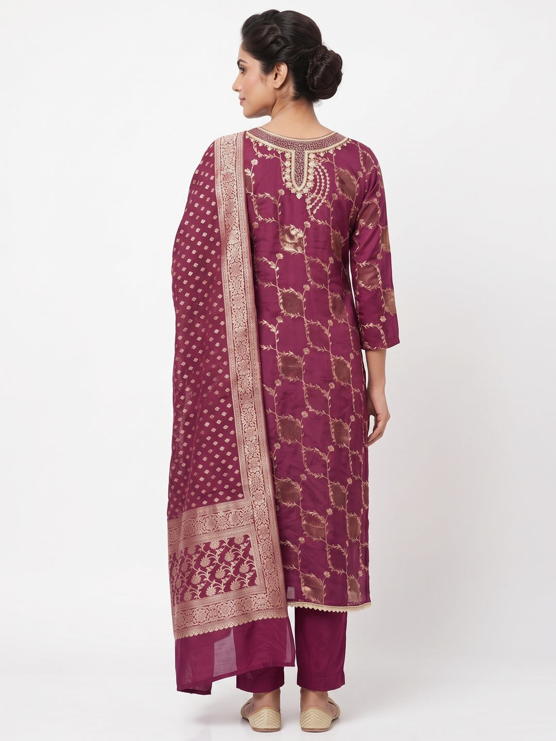 Dark Magenta Floral Weaving Banarasi Silk Dress Material Featuring Sequins & Moti Handwork - Image 2