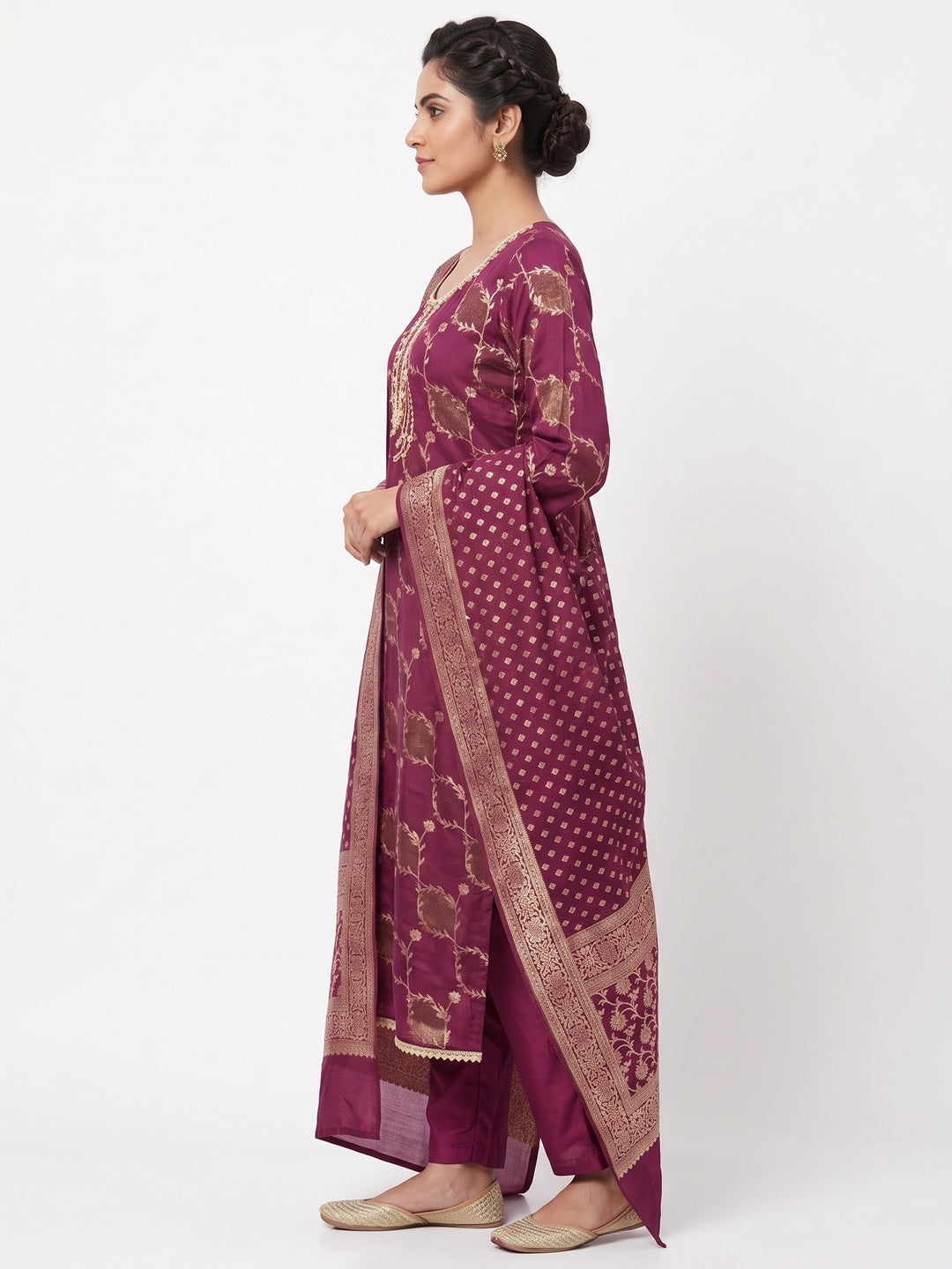 Dark Magenta Floral Weaving Banarasi Silk Dress Material Featuring Sequins & Moti Handwork - Image 3