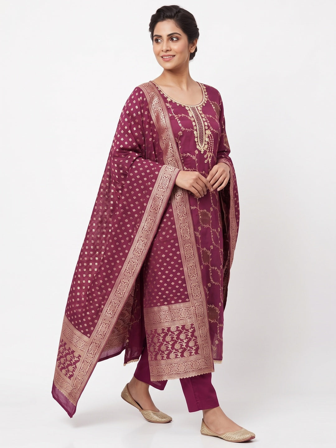 Dark Magenta Floral Weaving Banarasi Silk Dress Material Featuring Sequins & Moti Handwork - Image 4