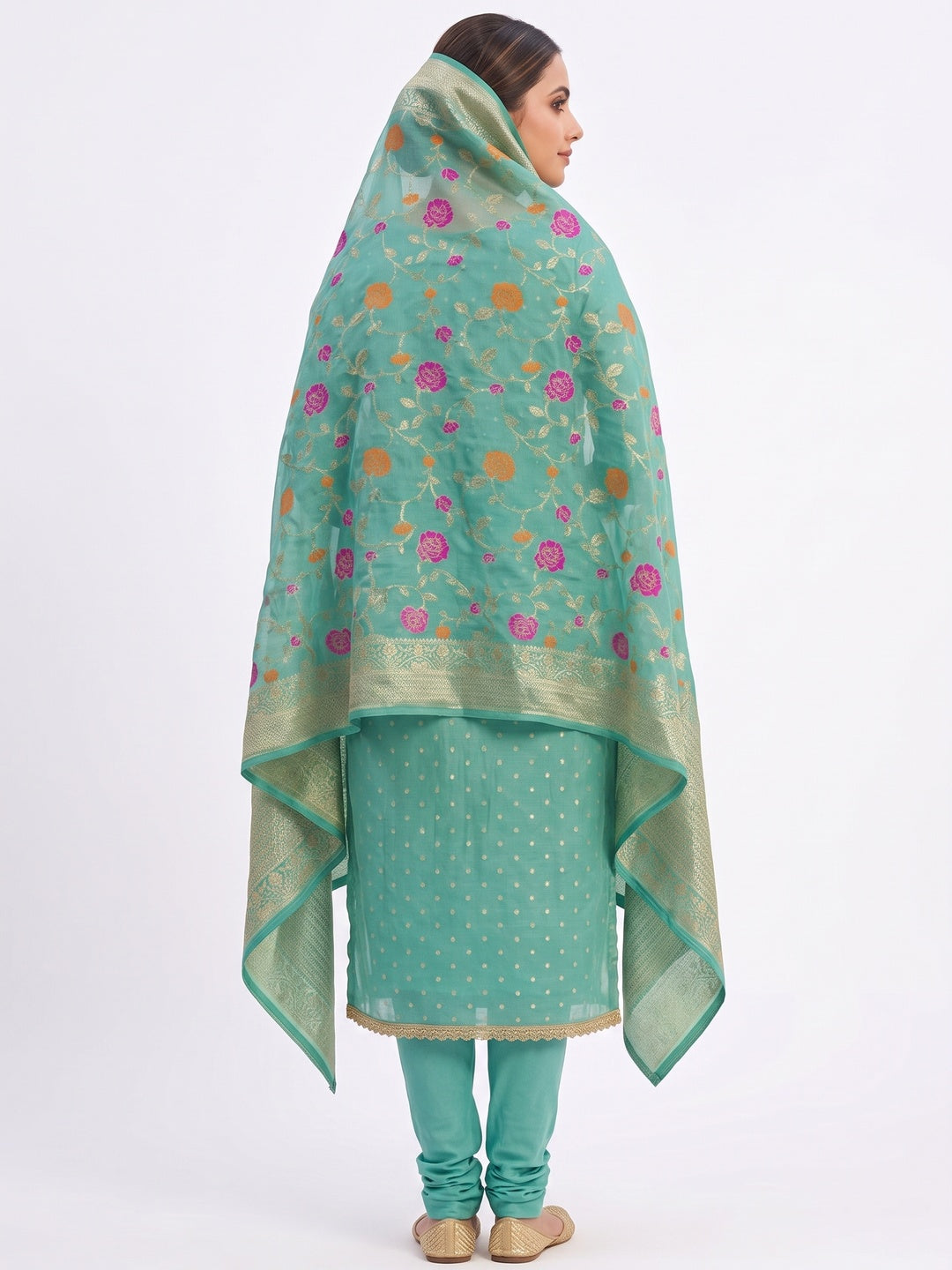 Elegant Turquoise Weaving Shimmer Banarasi Dress Material Adorned With Floral Moti & Sequin Work - Image 3