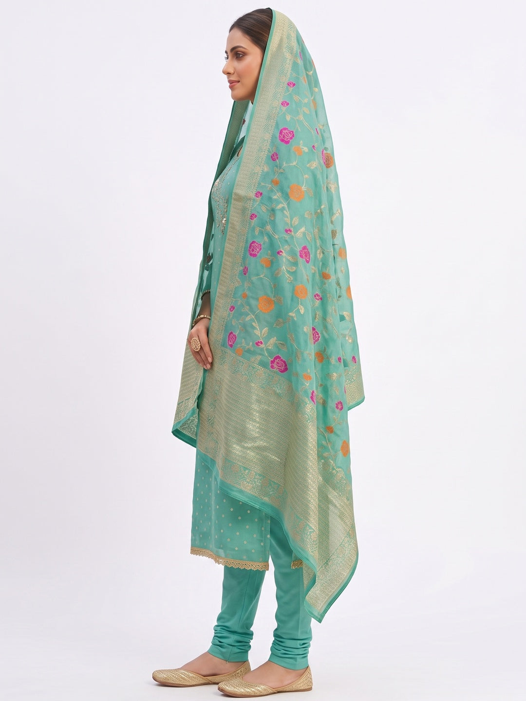 Elegant Turquoise Weaving Shimmer Banarasi Dress Material Adorned With Floral Moti & Sequin Work - Image 4
