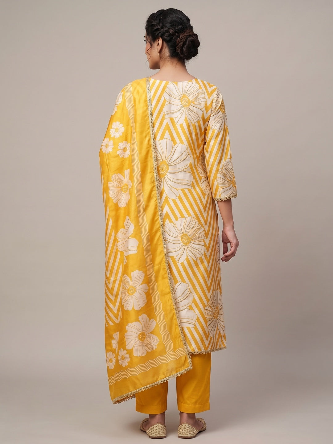 Yellow Digital Printed Cotton Silk Dress Material Featuring Floral & Zig Zag Patterns With Handwork - Image 2