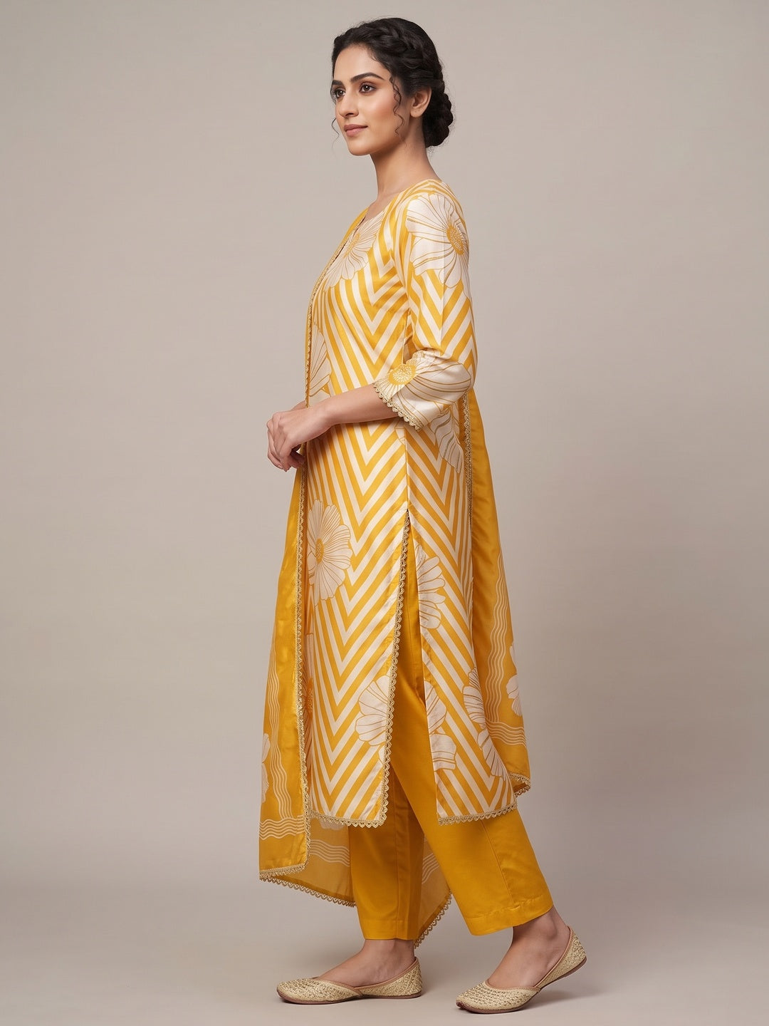 Yellow Digital Printed Cotton Silk Dress Material Featuring Floral & Zig Zag Patterns With Handwork - Image 3