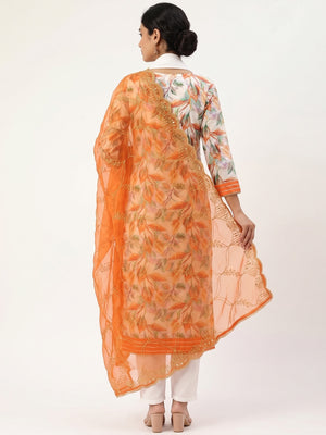 Cream & Orange Digital Printed Organza Dress Material - Image 2