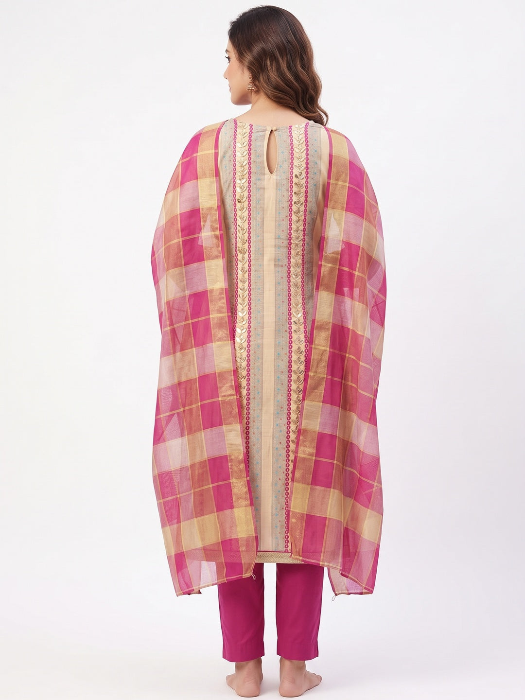 Graceful Beige Colored Casual Embroidered Cotton Dress Material - Image 2