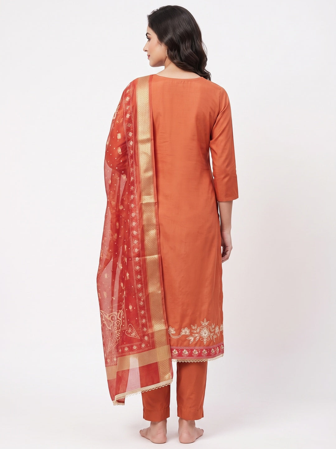 Classic Orange Rust Floral Digital Printed With Stone Work Rayon Dress Material - Image 2