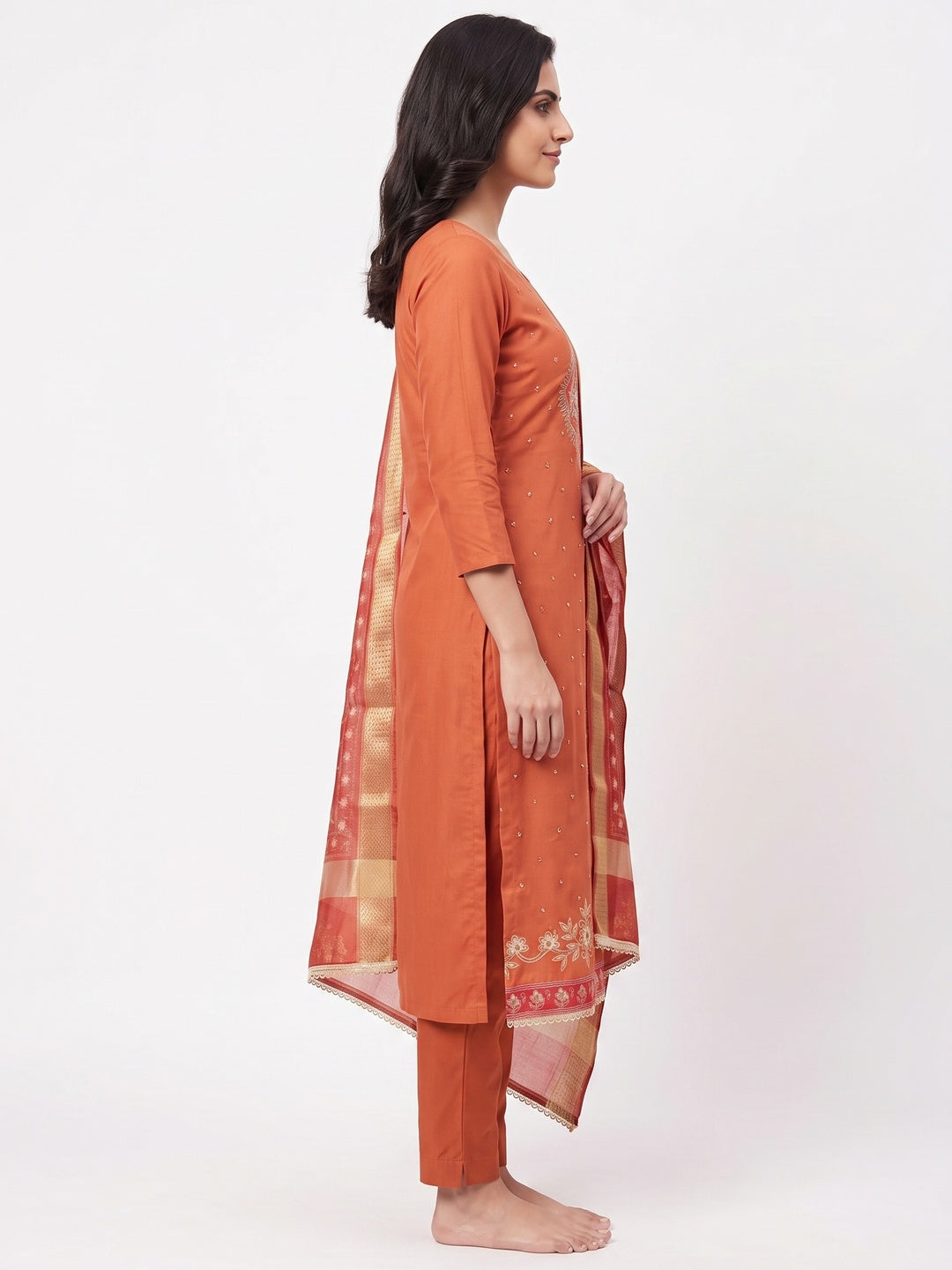 Classic Orange Rust Floral Digital Printed With Stone Work Rayon Dress Material - Image 3