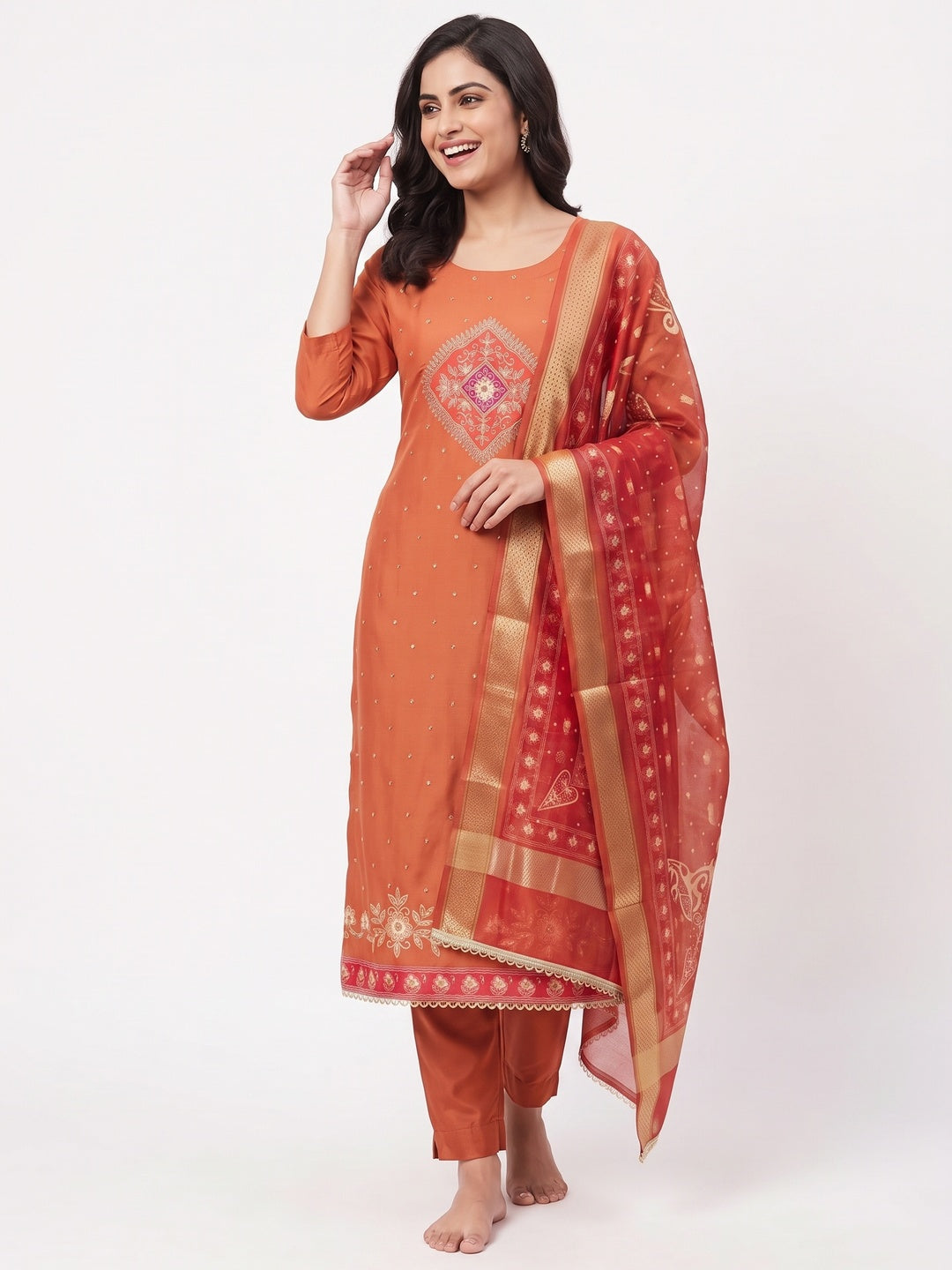 Classic Orange Rust Floral Digital Printed With Stone Work Rayon Dress Material - Image 4
