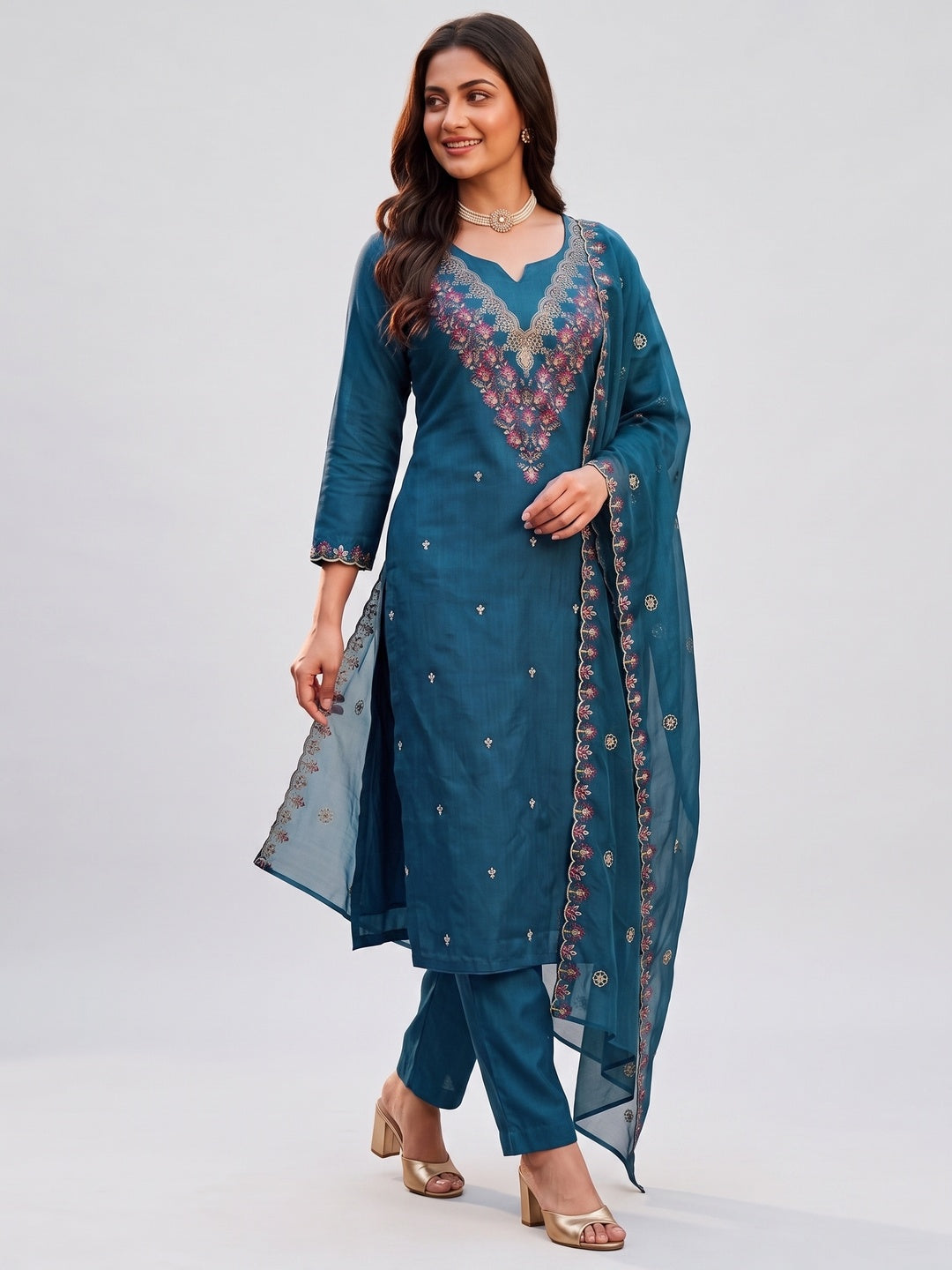 Peachmode Blue Art Silk Dress Material with Floral Embroidery - Image 9