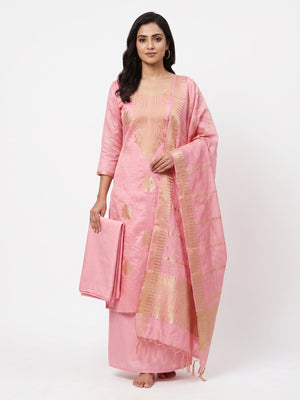 A Mesmerizing Creation Baby Pink Floral Woven Banarasi Jacquard Dress Material - Image 1
