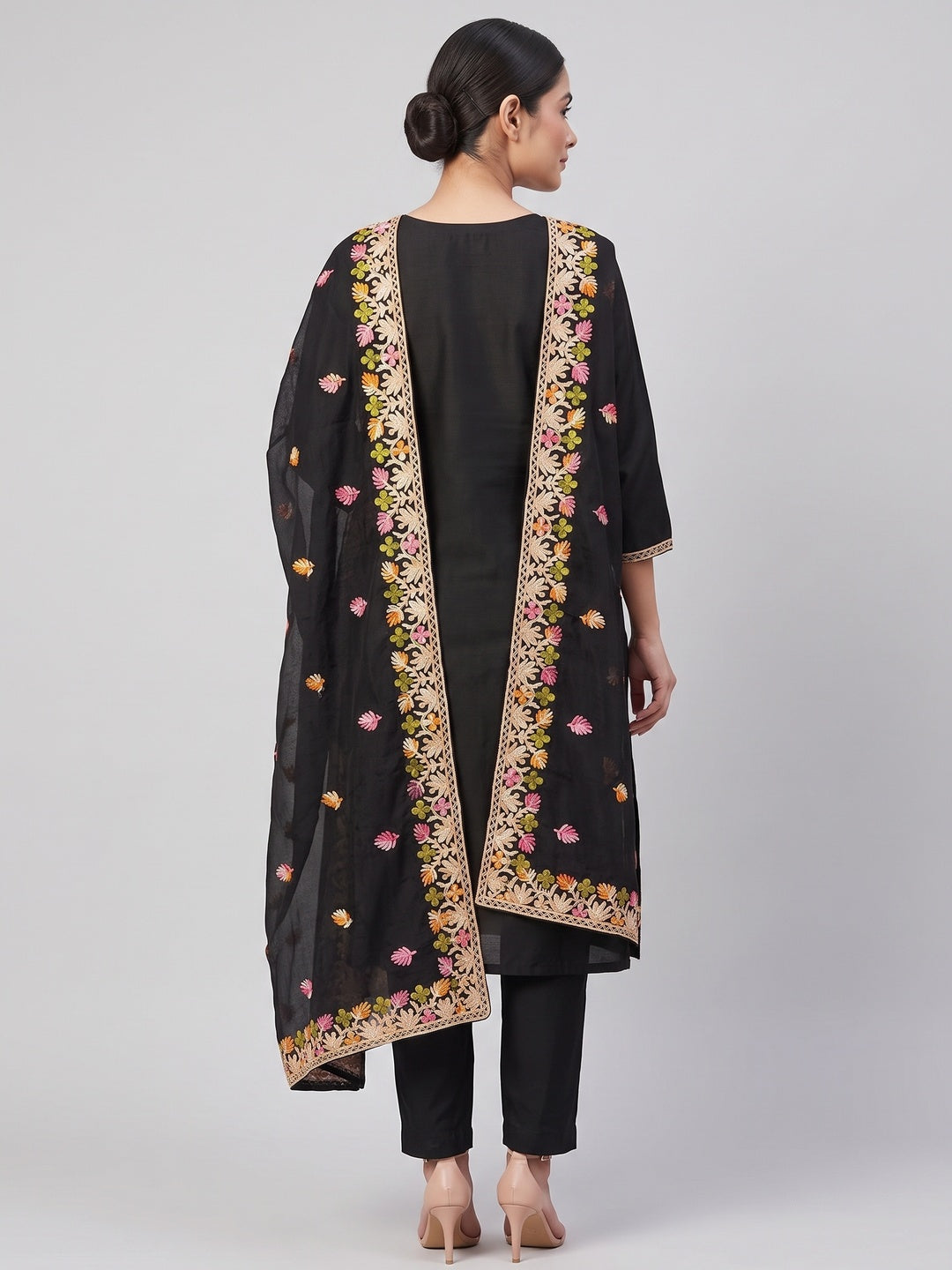 Black Designer Roman Art Silk Dress Material Adorned With Floral Thread Embroidery Work - Image 2