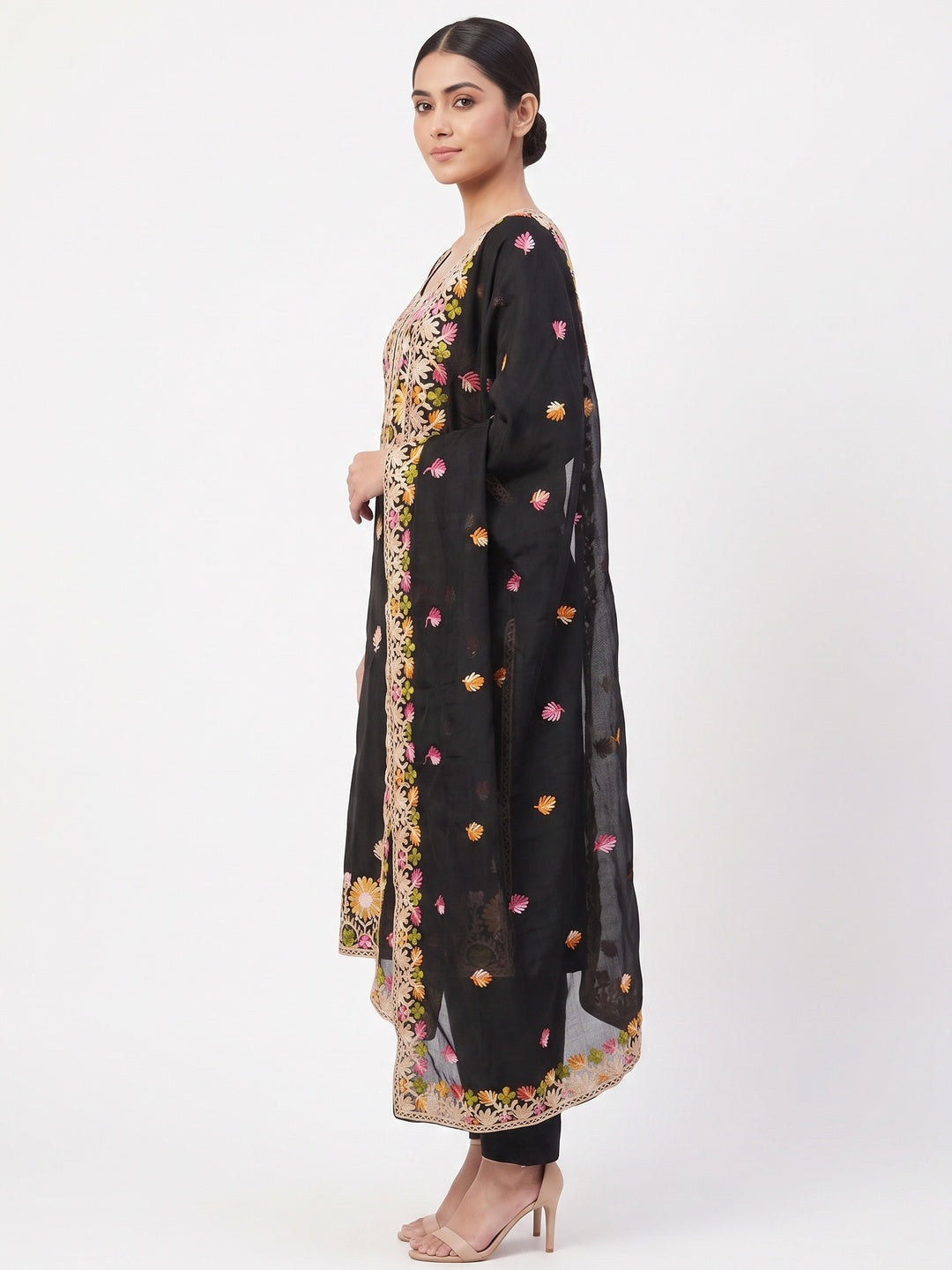 Black Designer Roman Art Silk Dress Material Adorned With Floral Thread Embroidery Work - Image 3