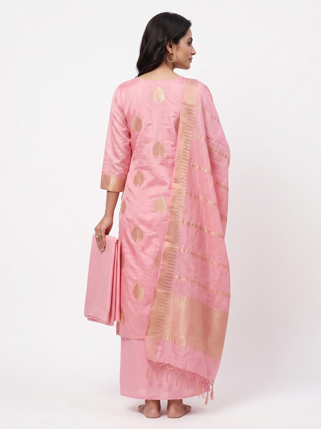 A Mesmerizing Creation Baby Pink Floral Woven Banarasi Jacquard Dress Material - Image 2