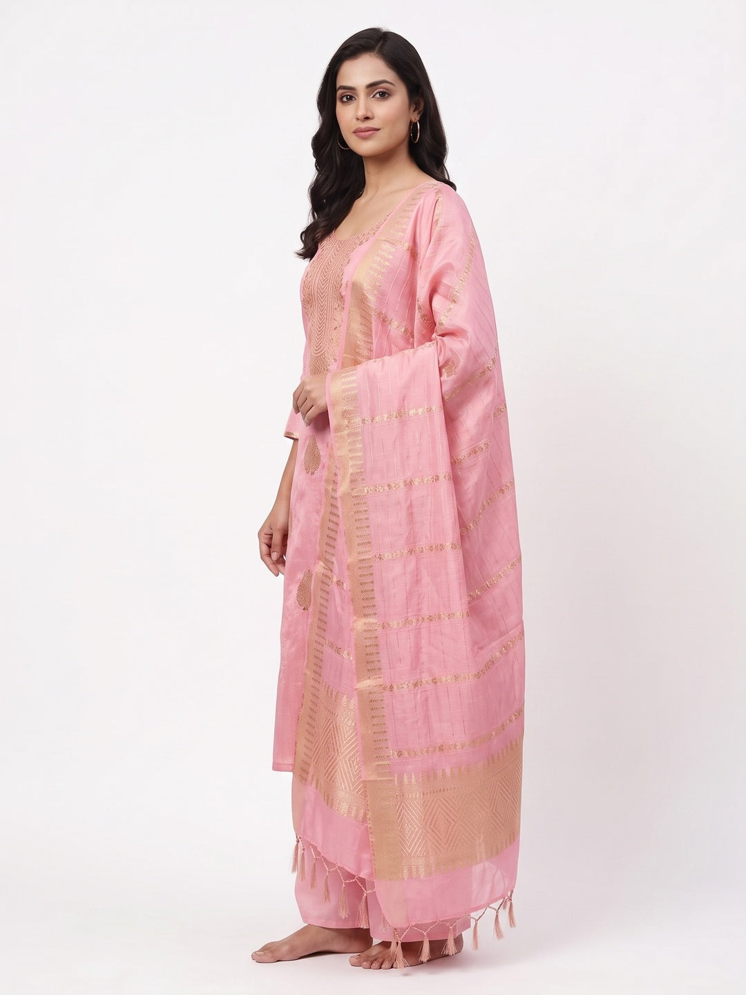 A Mesmerizing Creation Baby Pink Floral Woven Banarasi Jacquard Dress Material - Image 3