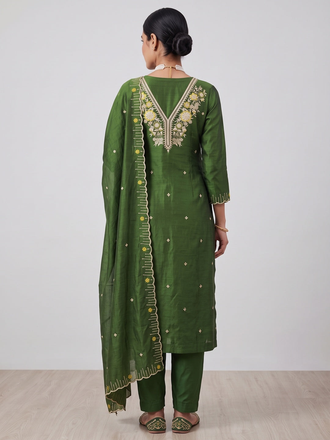 Green Premium Vichitra Silk Dress Material Featuring Delicate Floral Embroidered Detailing - Image 2