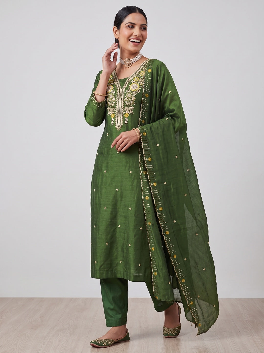 Green Premium Vichitra Silk Dress Material Featuring Delicate Floral Embroidered Detailing - Image 4