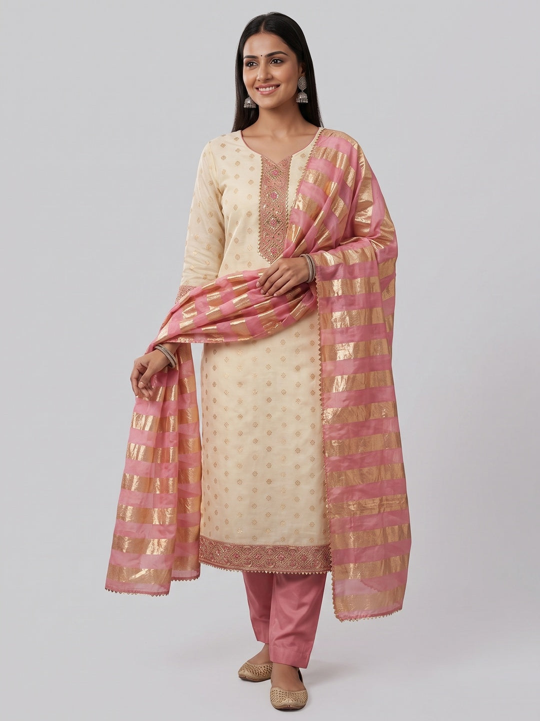 Cream & Pink Floral Weaving Shimmer Dress Material Adorned With Elegant Sequins Embroidery - Image 6