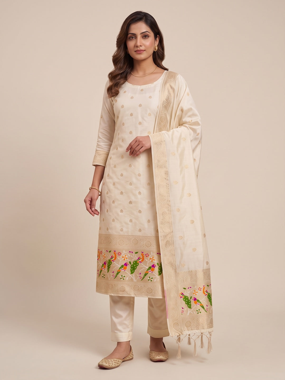 White Floral Zari Woven Banarasi Silk Dress Material - Image 2