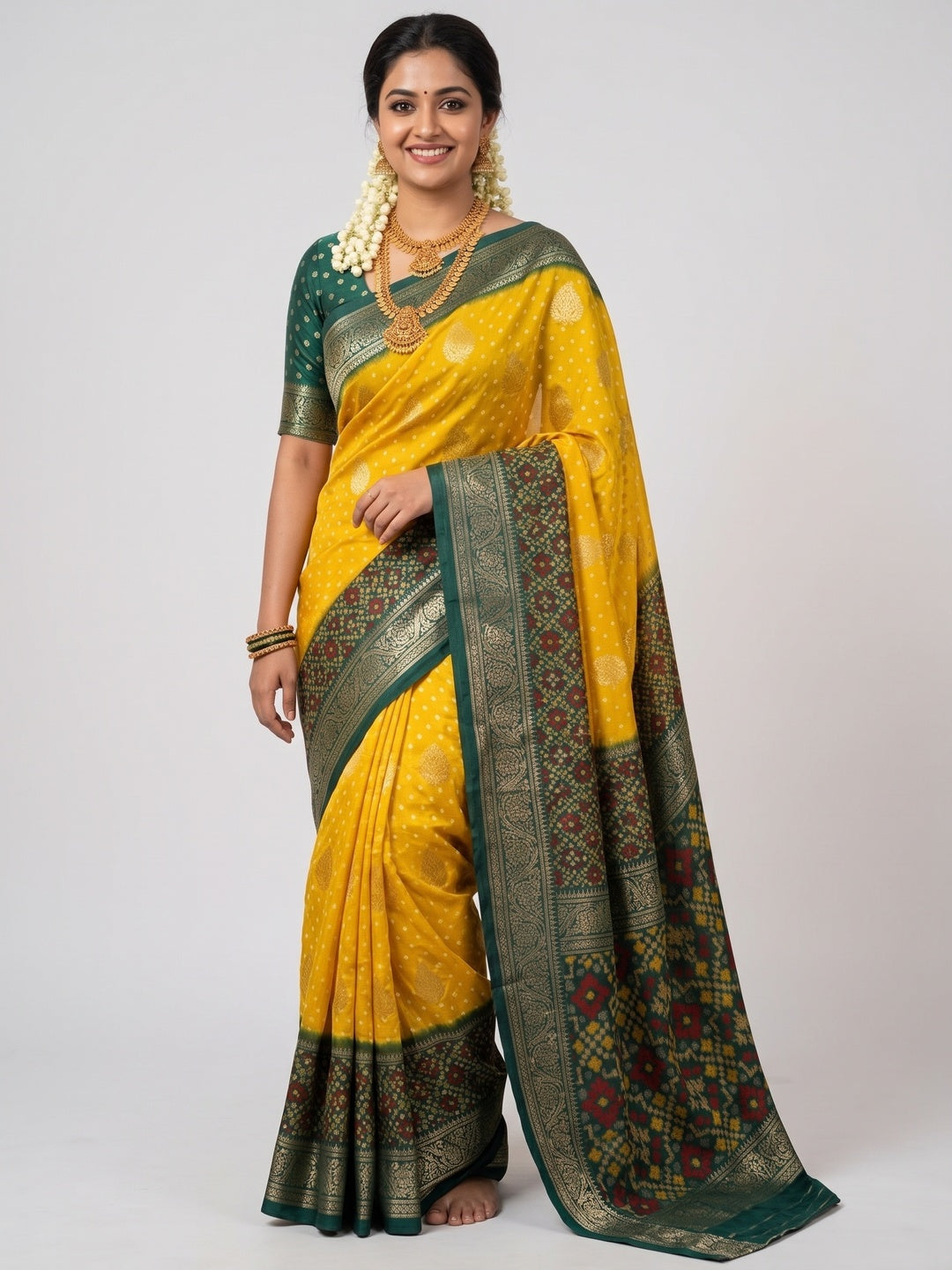 Exclusive Yellow Georgette Bandhani Print Saree with Zari Work - Image 6