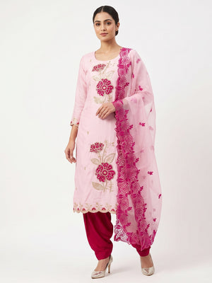 Pink Floral Hand Embroidered Cotton Silk Dress Material - Image 1
