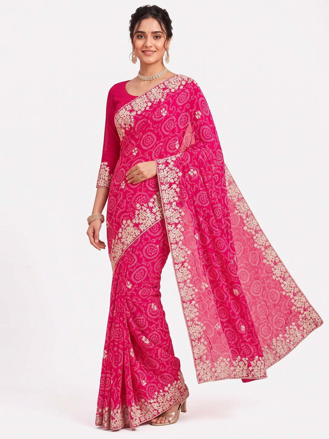 Peachmode Pink Georgette Bandhani Saree with Embroidery Work - Image 4