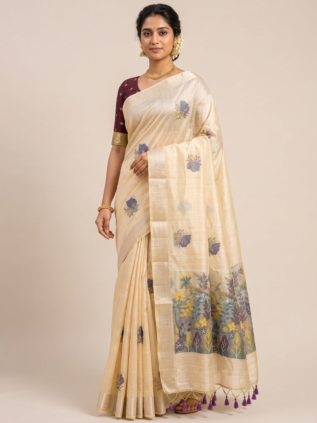 Beige Traditional Soft Muga Cotton Saree Elevated with Meenakari Weaving Detailing - Image 2