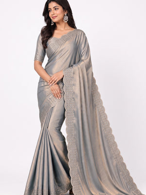 Peachmode Grey Fandy Satin Saree with Scalloped Cutwork Border - Image 4