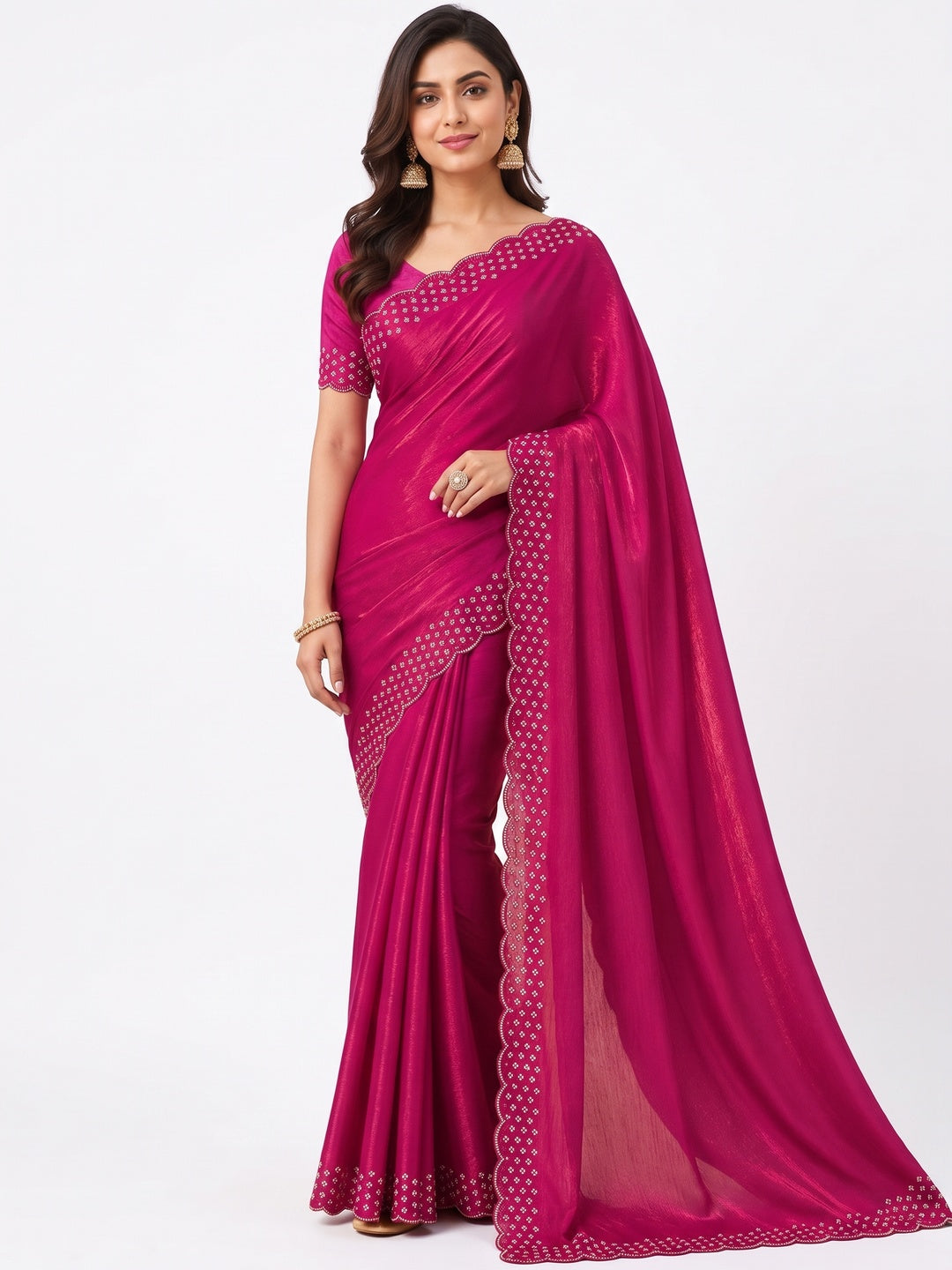 Peachmode Magenta Fandy Satin Saree with Scalloped Cutwork Border - Image 4