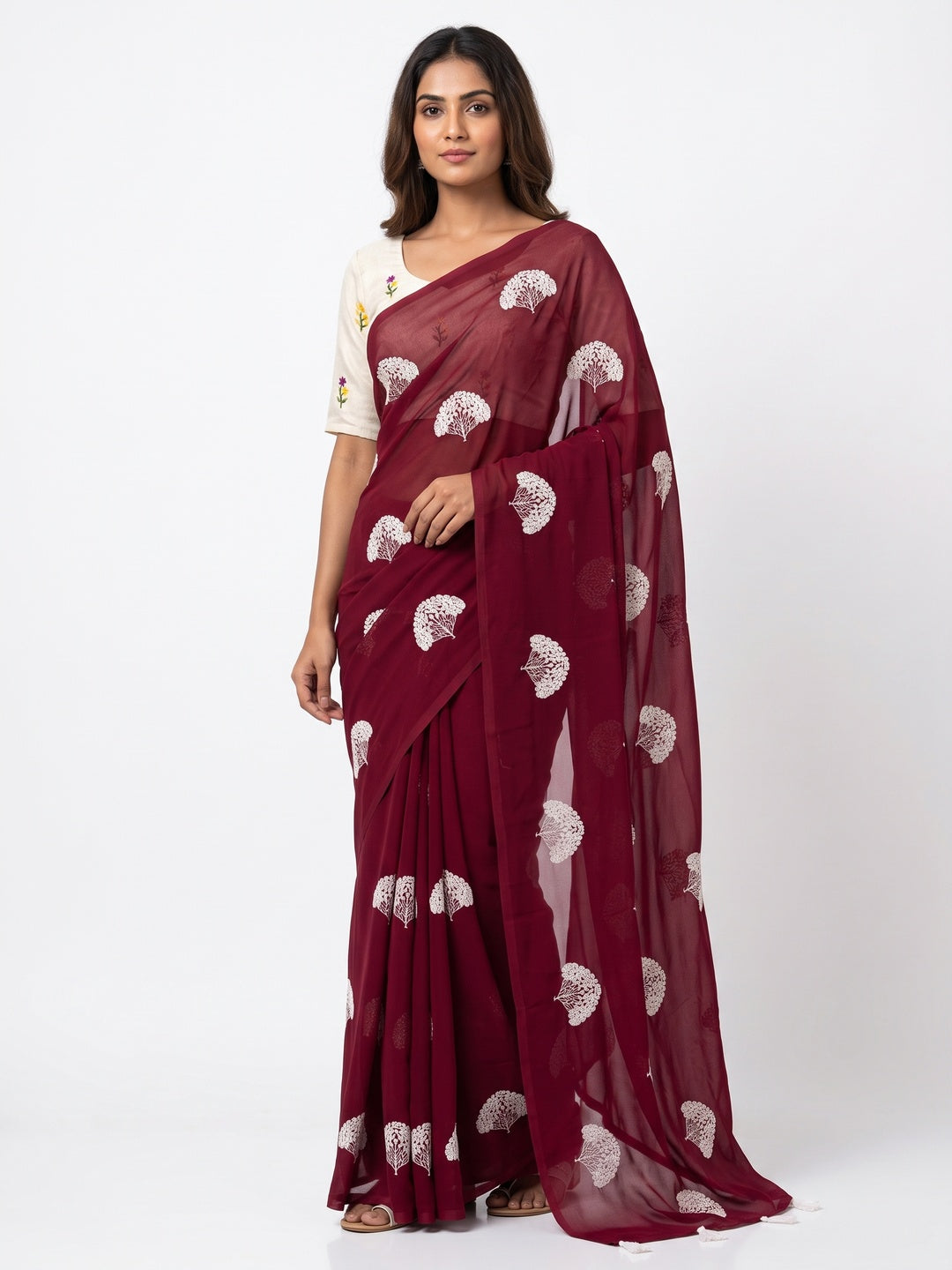 Maroon Thread Embroidered Georgette Saree With Tassels - Image 1