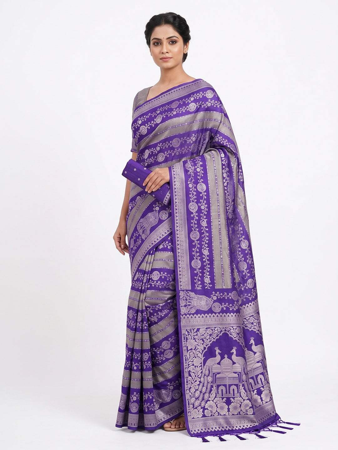 Violet Festive Wear Chinya Tissue Silk Saree Enhanced with Intricate Zari Weaving Detailing - Image 1