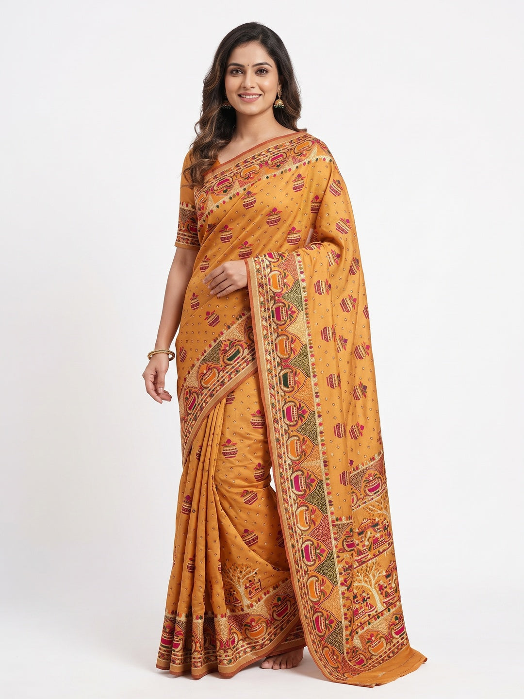 Mustard Madhubani Inspired Weaving Pashmina Silk Saree Perfect for Refined Festive - Image 1